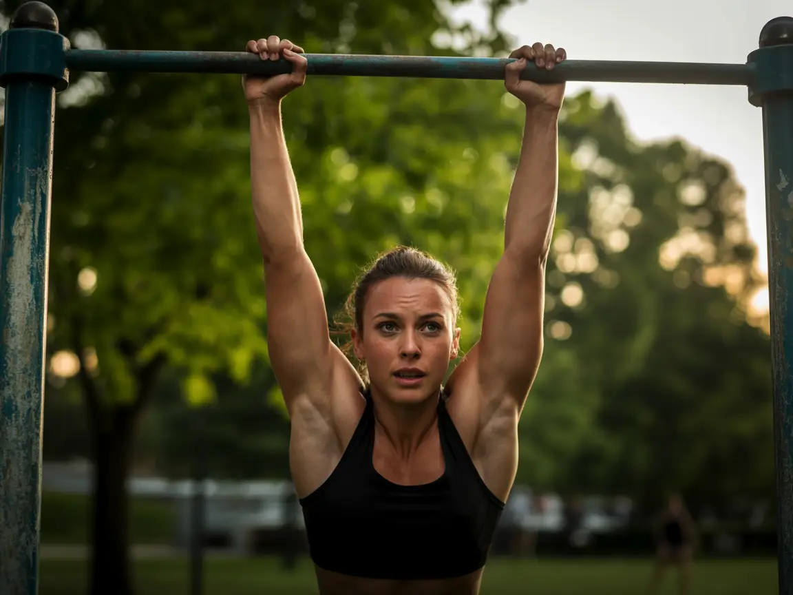 Female athlete doing pull-ups on outdoor bars, sun highlighting shoulder and arm muscles, realistic skin texture and lighting.