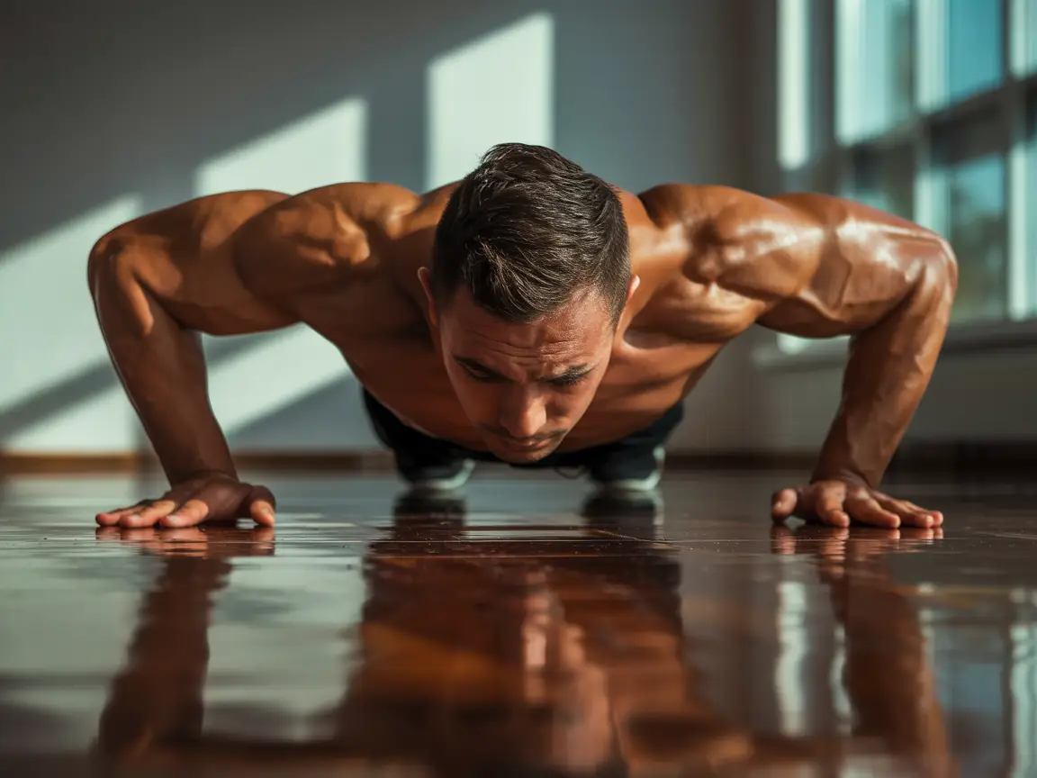 Male athlete doing push-ups with perfect form on wooden floor, veins and muscle definition highly detailed, natural lighting.
