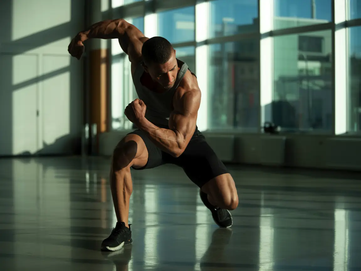 Male fitness model doing lunges with weights in a gym, muscles flexed, natural light streaming through windows.