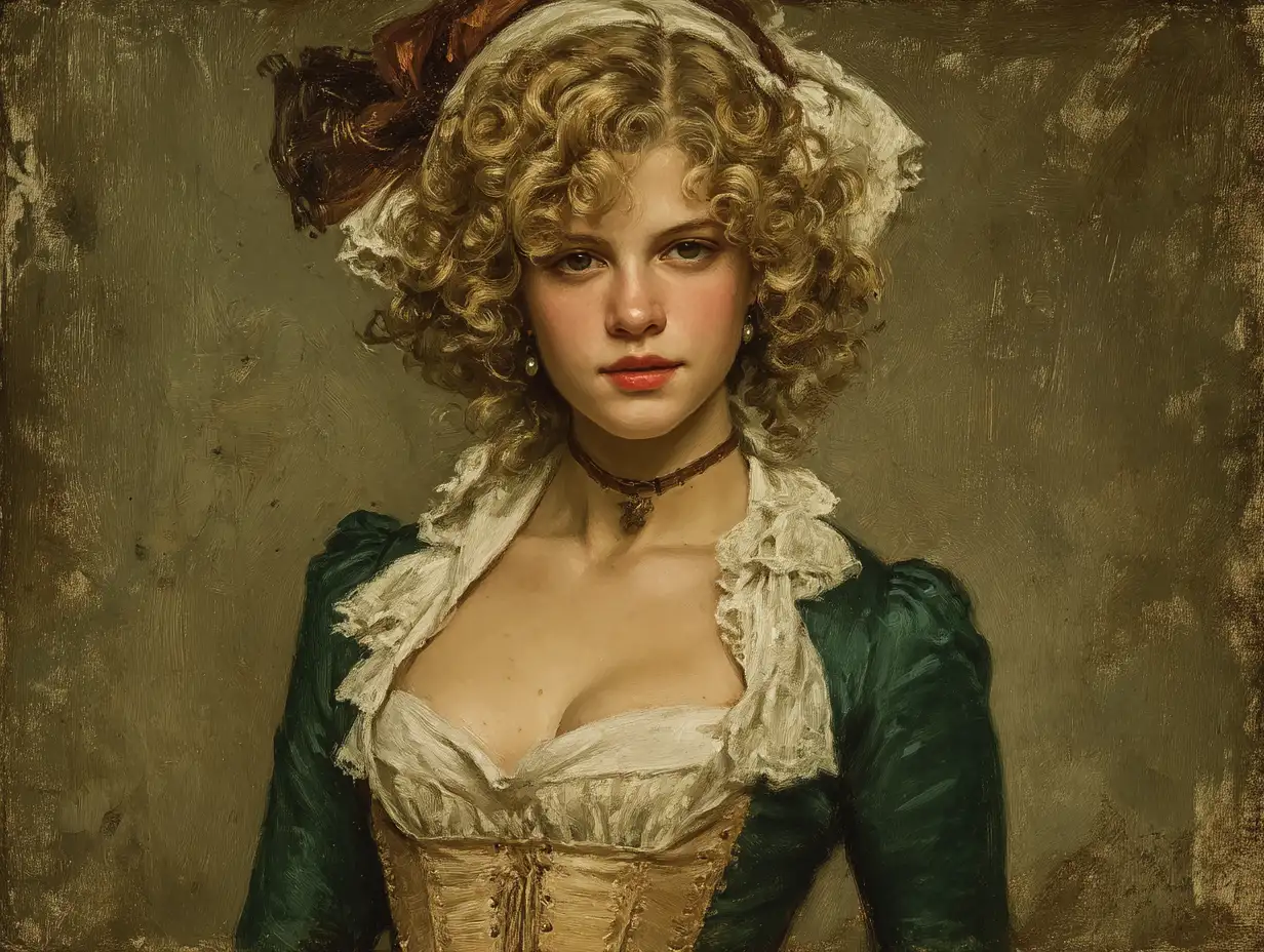 A graceful woman in historical regency attire, soft pastel gown, delicate curls, warm golden-hour lighting, elegant expression, classic literary illustration aesthetic