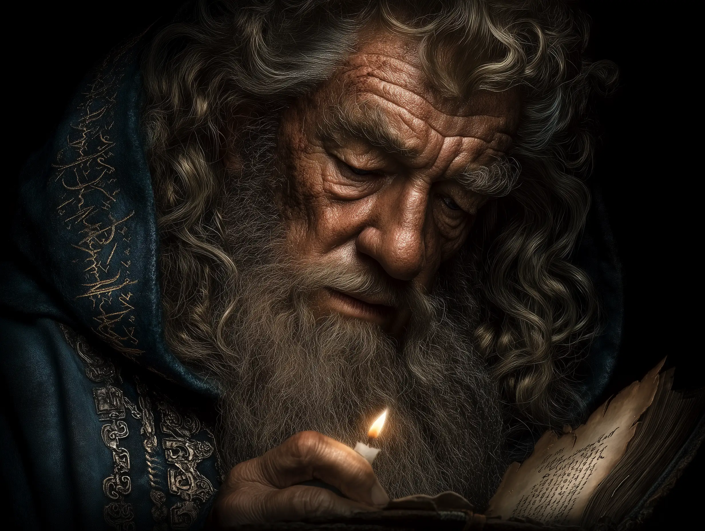 An elderly wizard with flowing silver beard, deep blue robes embroidered with ancient runes, holding an old spellbook, warm candlelight reflecting on his face, richly detailed fantasy portrait