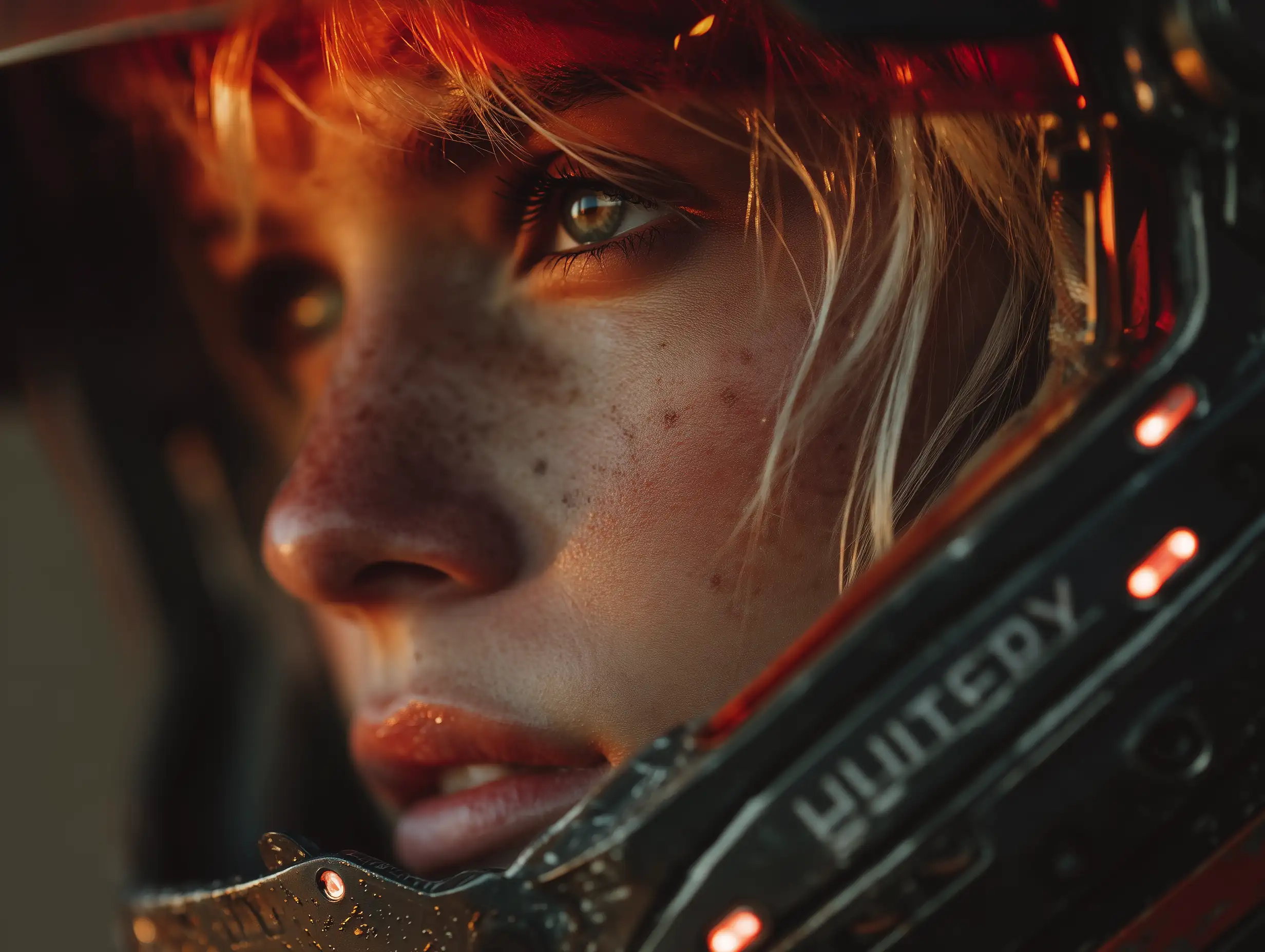 A futuristic pilot with holographic visor, short platinum hair, sleek flight suit, neon reflections on the helmet, cinematic sci-fi portrait with deep emotional expression