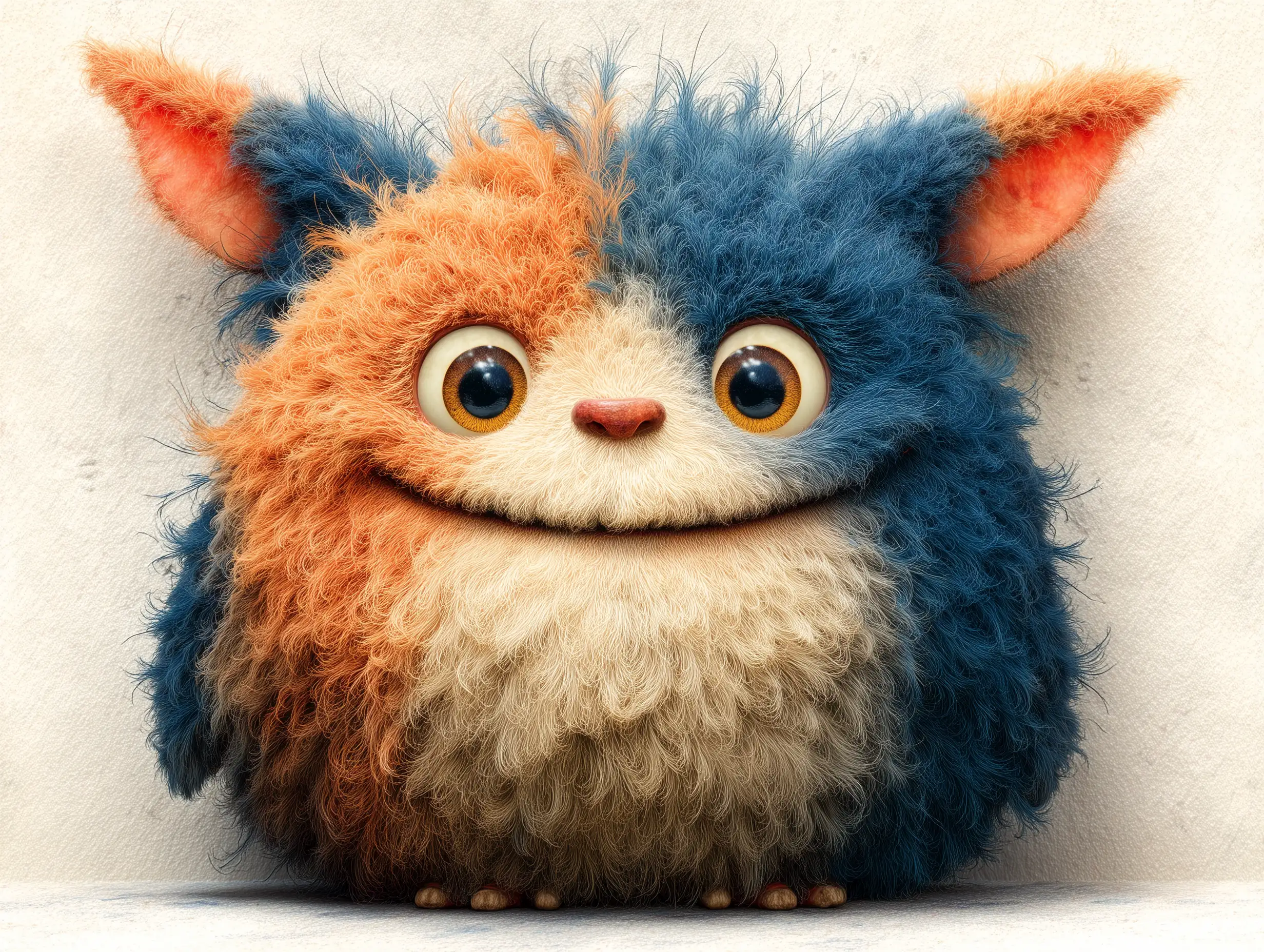 A cheerful, round, colorful creature with oversized eyes, soft fur textures, friendly smile, pastel palette, illustrated style perfect for children's books and whimsical storytelling 