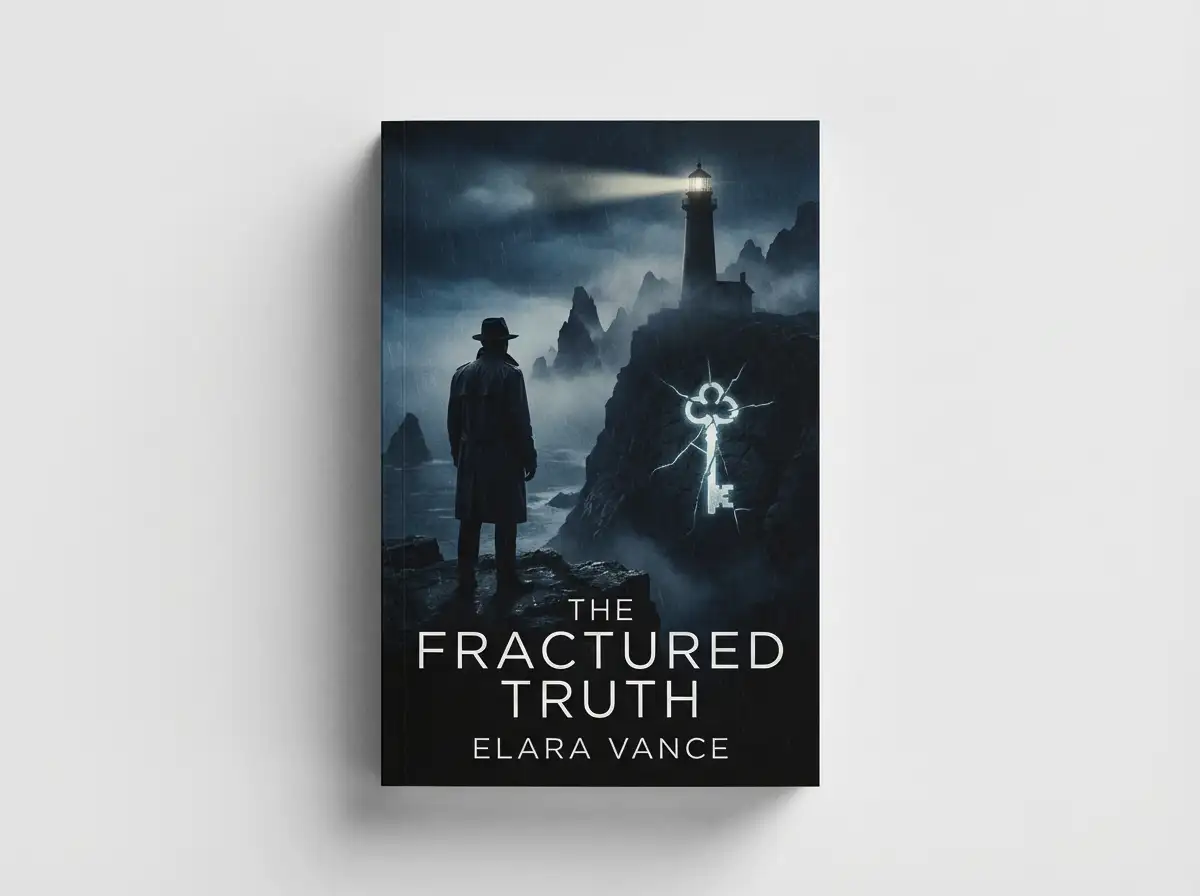 Mystery thriller book cover, dark tones, suspenseful mood, subtle symbolism, cinematic shadows, minimalist title area