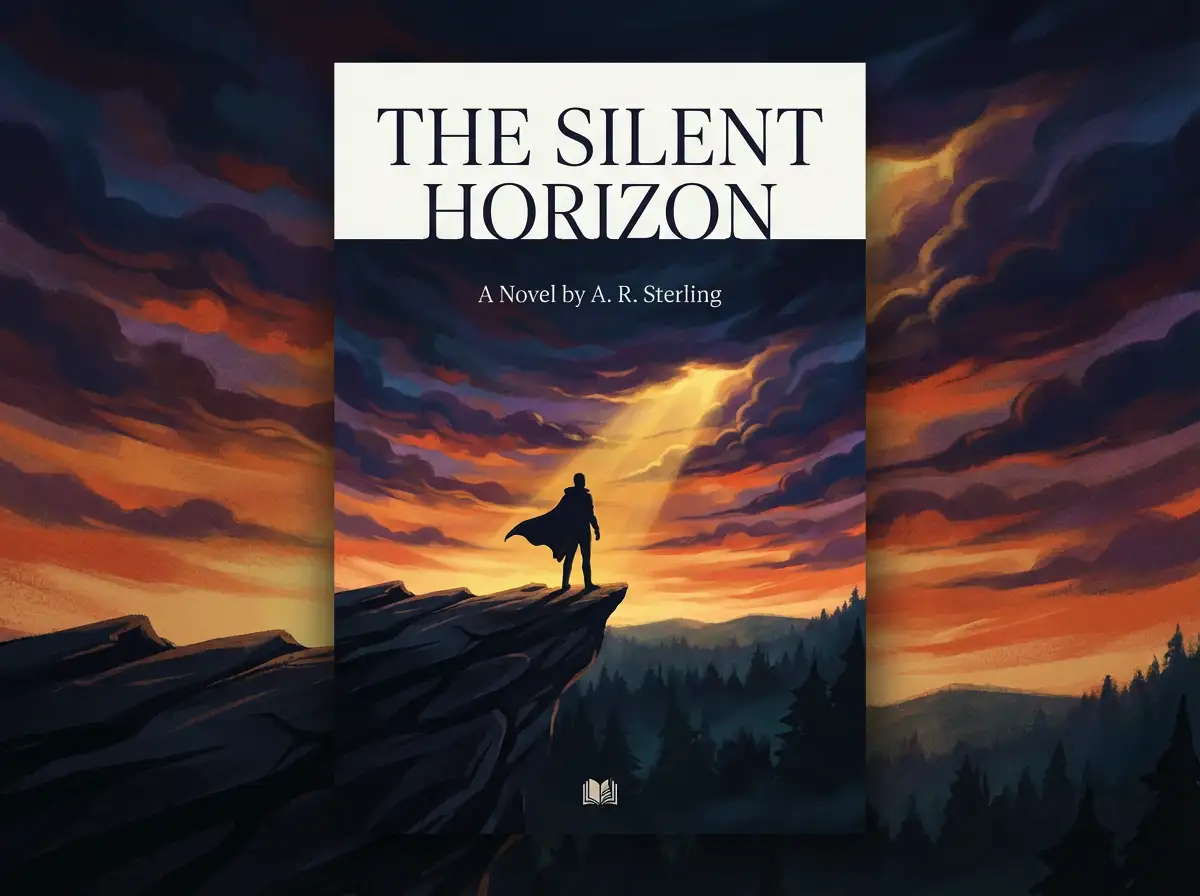 Book cover illustration for a fiction novel, central character silhouette, dramatic lighting, cinematic mood, clean title space, professional book cover design