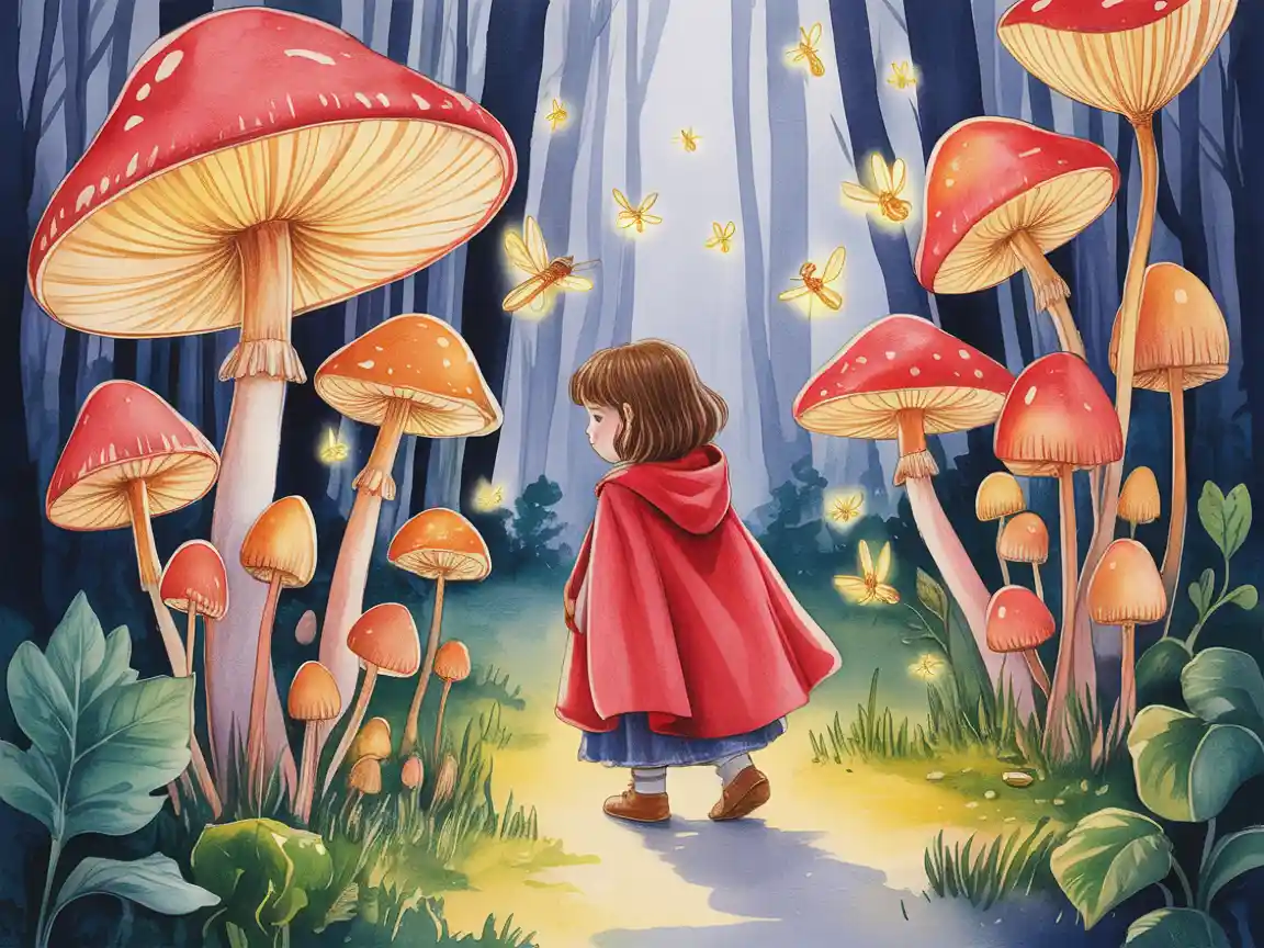 A beautifully detailed watercolor illustration of a young girl in a red cloak walking through a magical, glowing forest filled with oversized mushrooms and fireflies, classic fairy tale aesthetic, soft lighting.