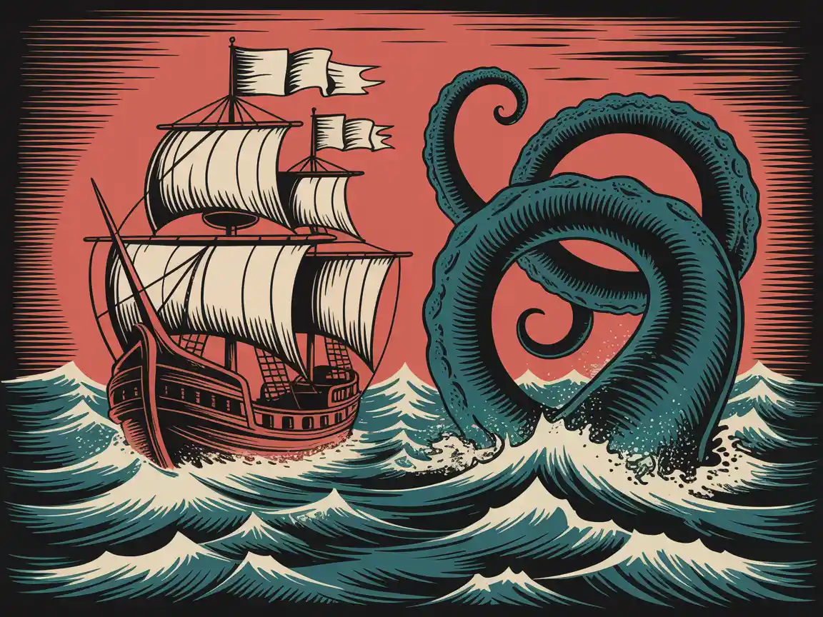 An enchanting vintage style woodcut illustration of an old sailing ship battling a giant kraken in stormy seas, classic adventure novel art, highly textured.