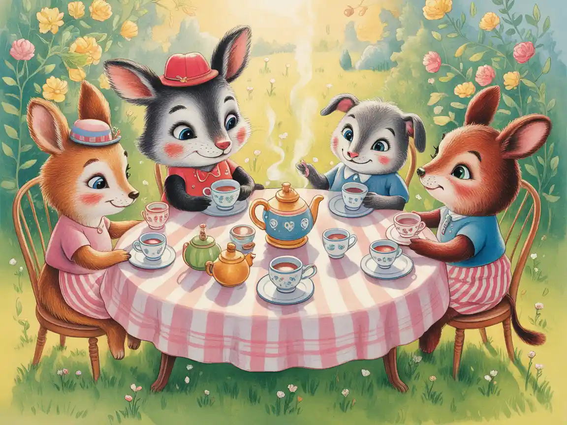 A soft pastel illustration of cute anthropomorphic animals having a tea party in a sunlit garden, charming children's book style, warm and inviting colors.