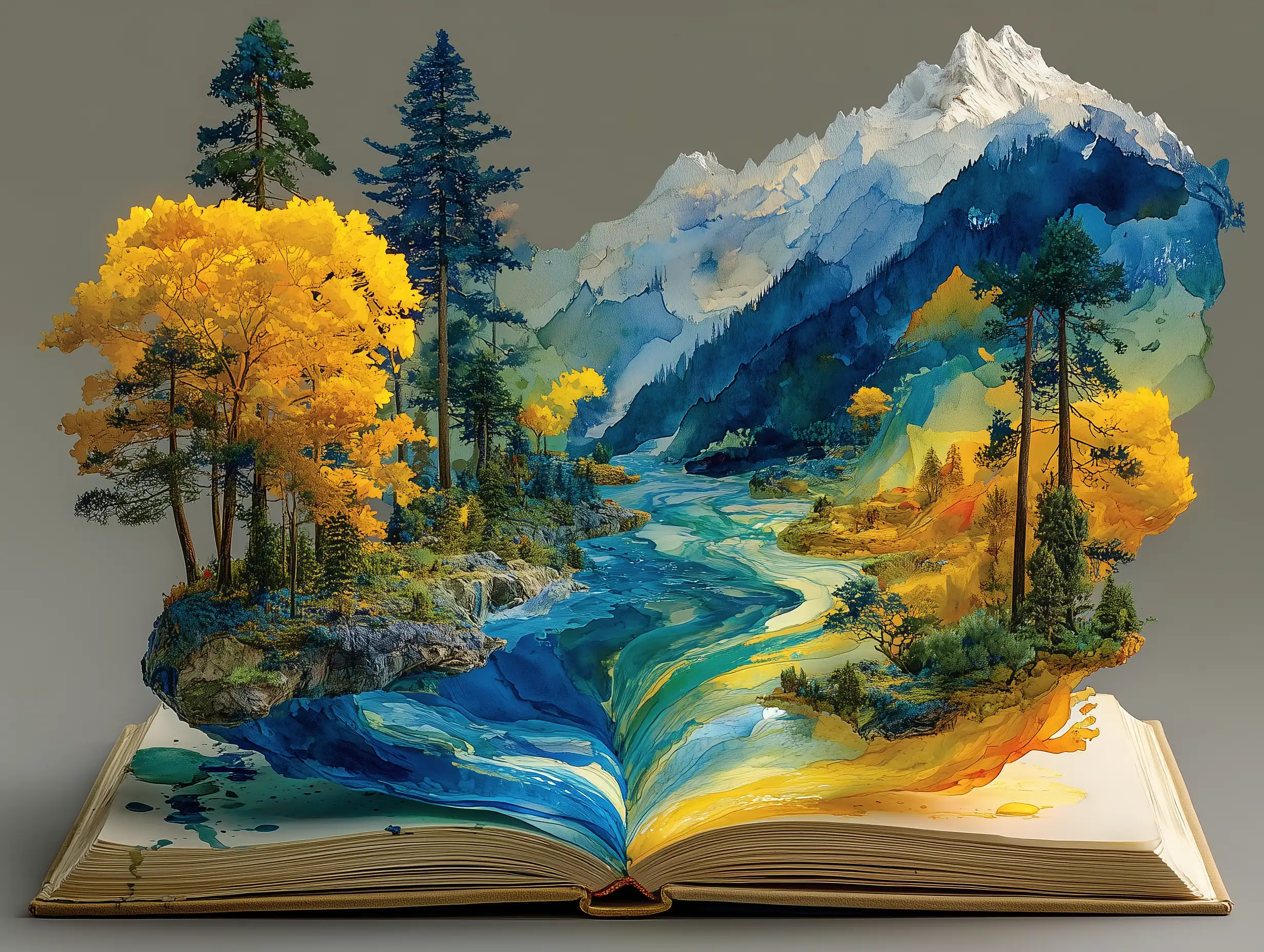 Open book transforming into a watercolor landscape—trees, mountains, rivers flowing out from pages, bright artistic colors, cinematic composition