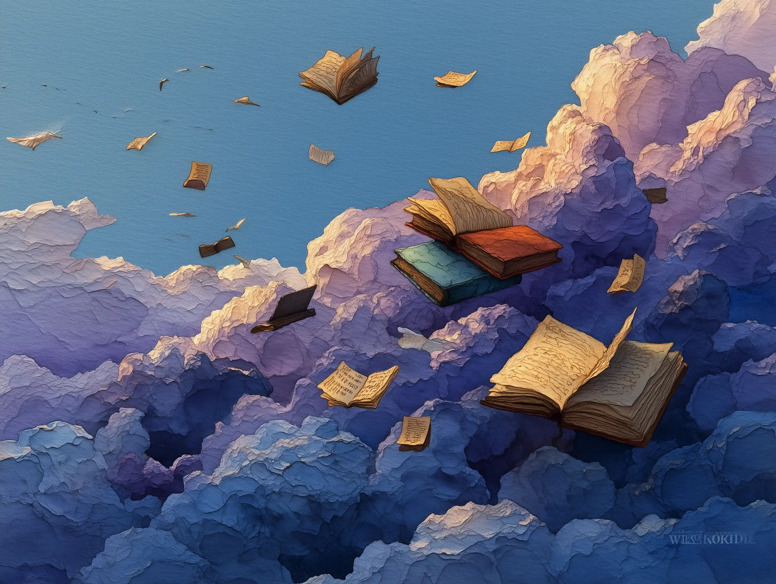 Surreal watercolor scene with books floating among soft clouds, dreamy blue and lavender tones, gentle magical realism, feather-light brushwork