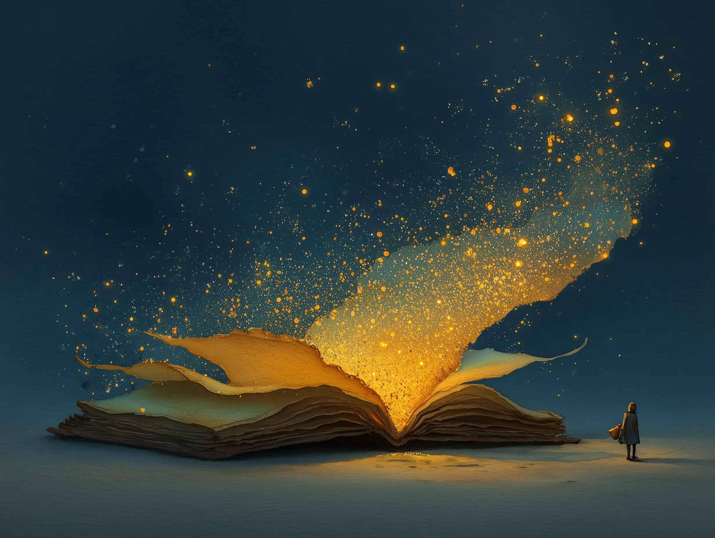 Watercolor illustration of an open book with soft pastel pages, glowing golden dust floating upward, magical storytelling atmosphere, gentle brush textures, warm light