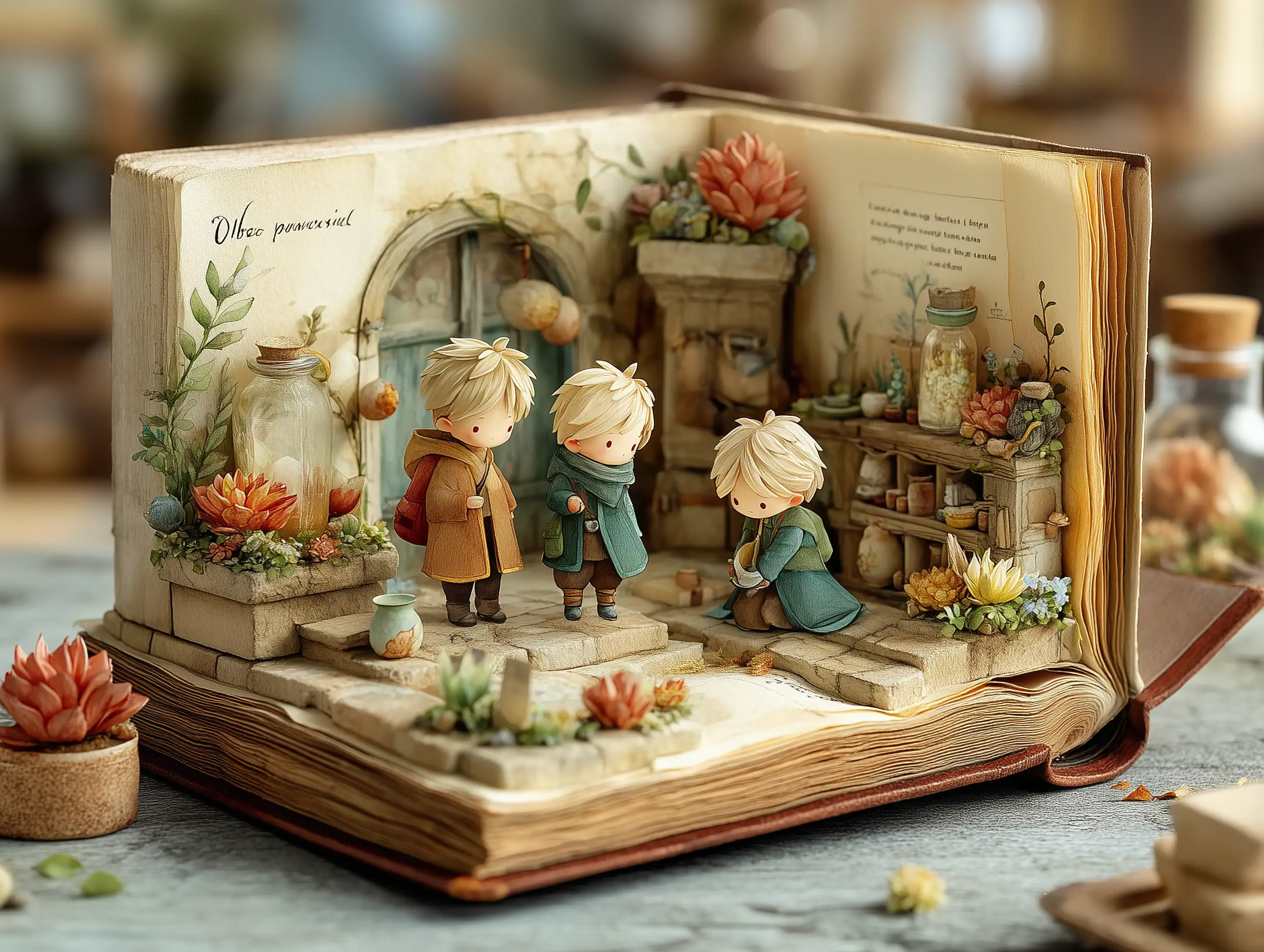Cute watercolor children’s book open on a table, tiny characters coming to life from the pages, pastel color palette, whimsical storytelling 
