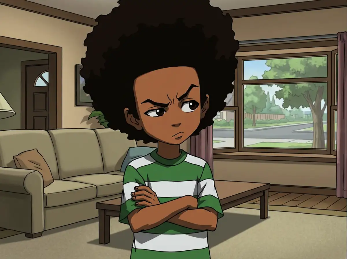 Dynamic anime action shot of two brothers practicing martial arts in a park, exaggerated movement lines, sunset lighting, detailed background character designs, faithful to The Boondocks animation. 