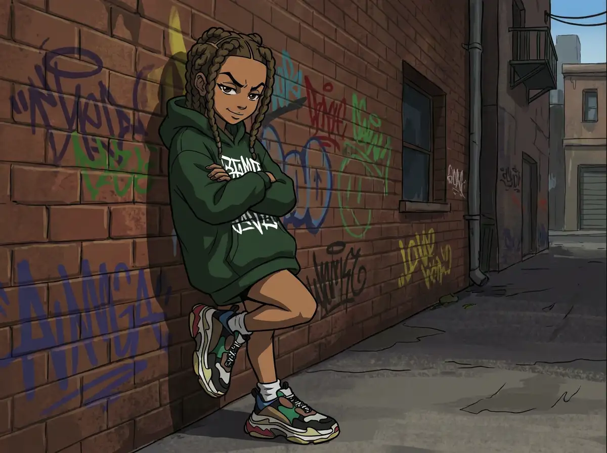 Streetwear style character, young woman with braids, oversized hoodie and sneakers, graffiti wall background, cool attitude, Boondocks animation cel shading. [Image]