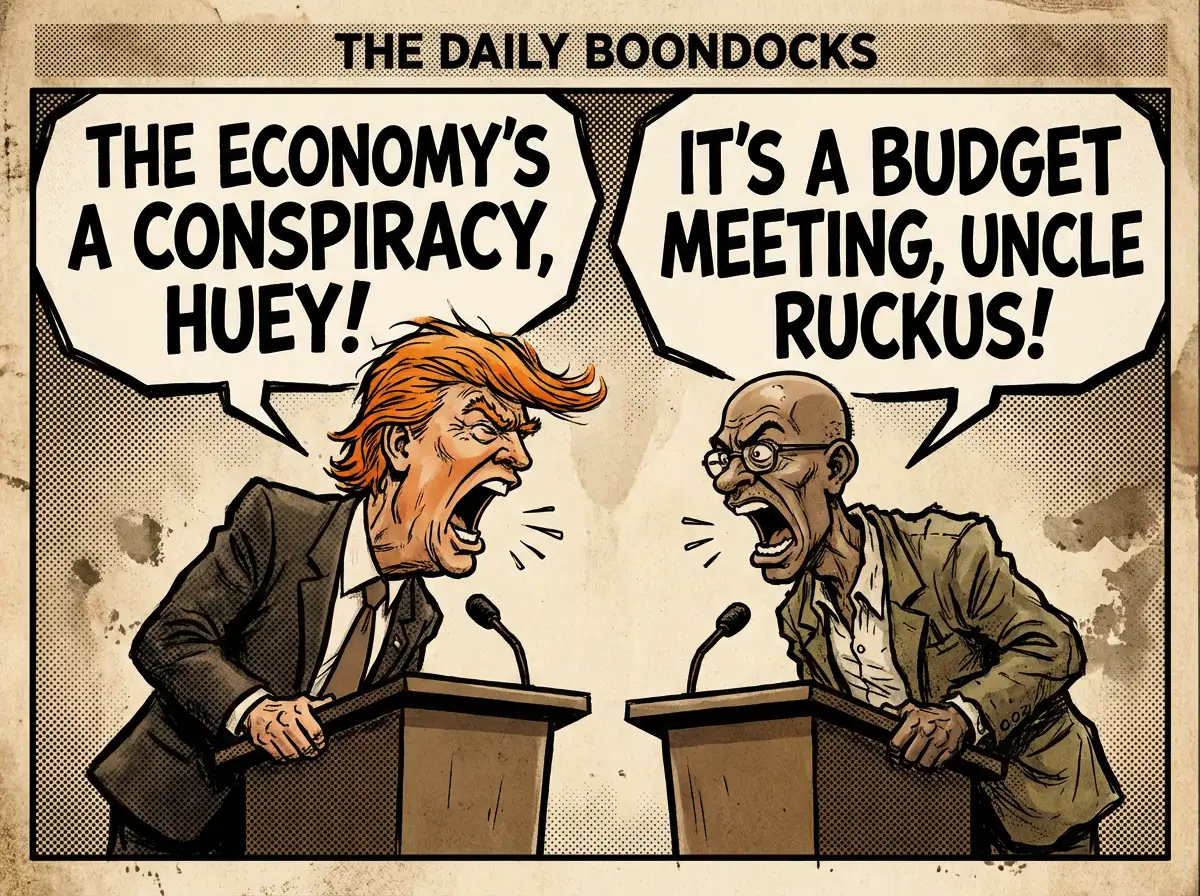 A satirical political cartoon panel in The Boondocks art style, exaggerated caricatures of politicians arguing, bold text bubbles, newspaper print texture. [Image]