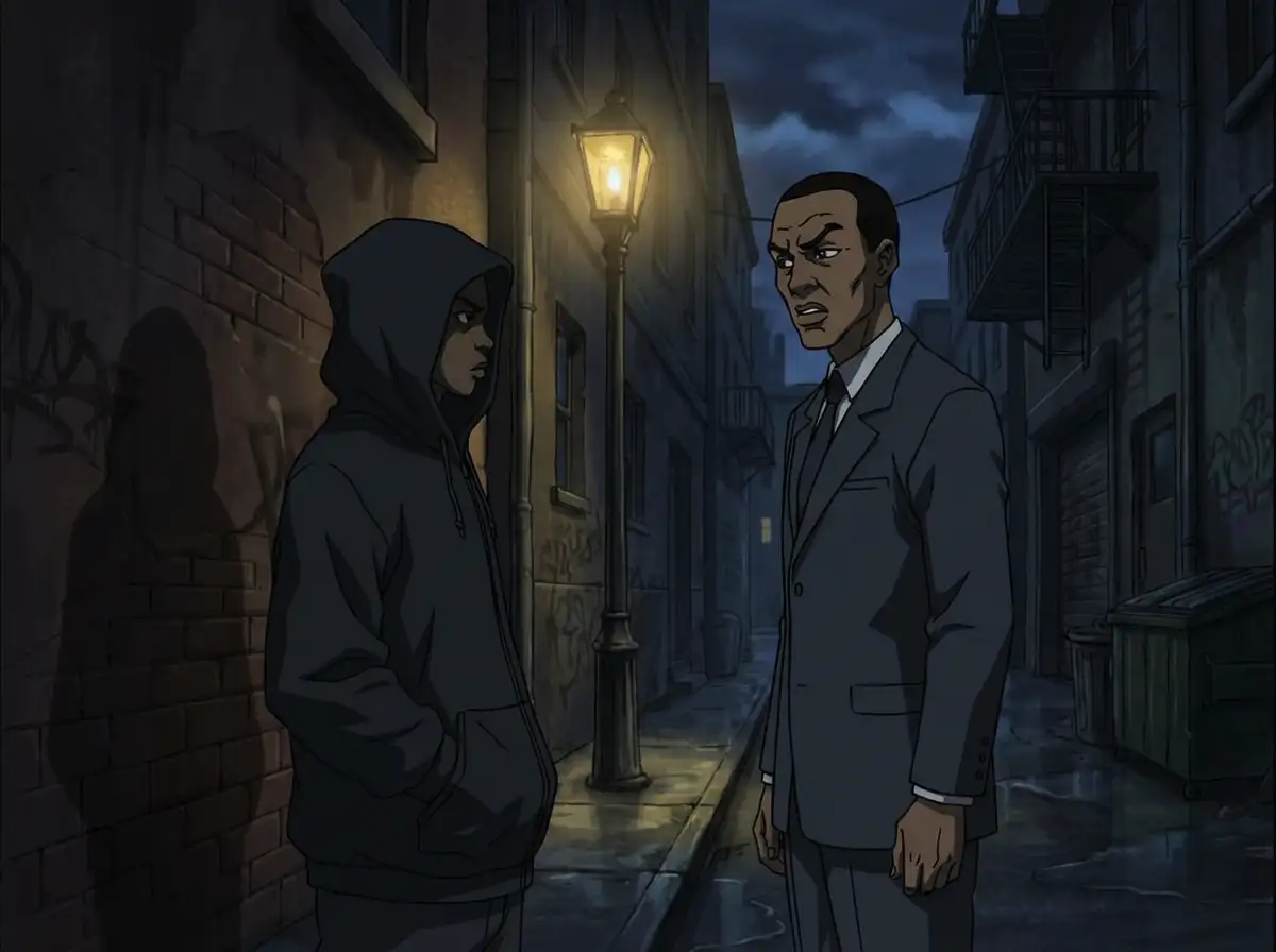 A tense, atmospheric standoff between two characters under a flickering streetlight at night. One character in a dark hoodie with hands in pockets, the other wearing a sleek suit with a stern, suspicious expression. 