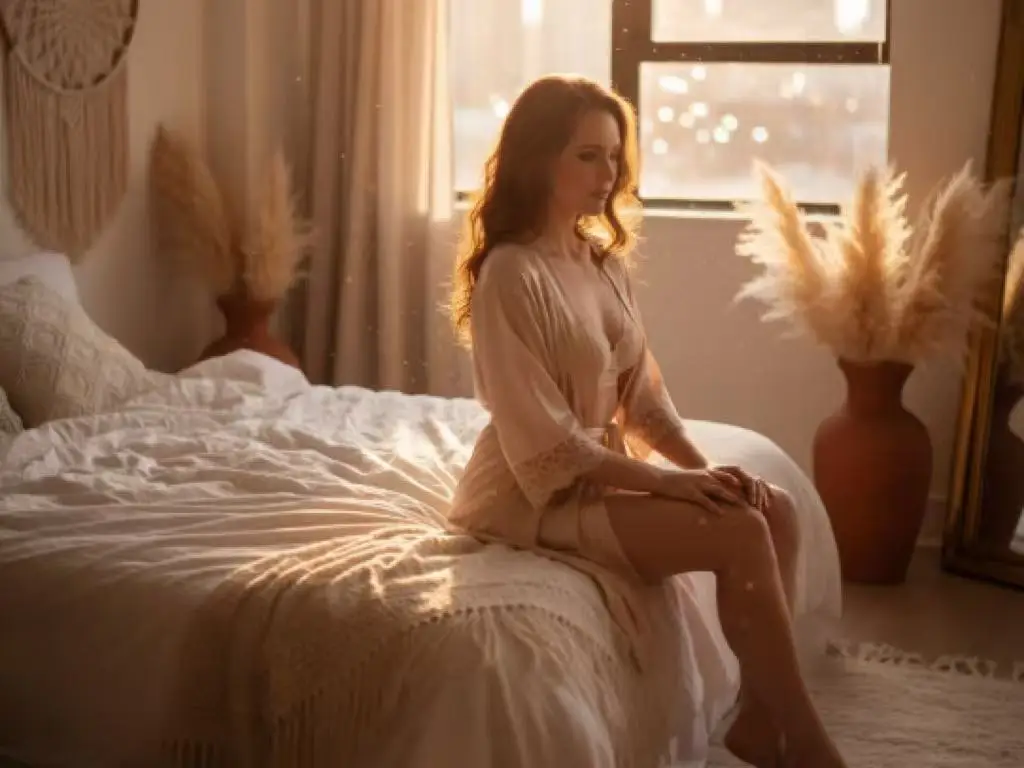 Artistic boudoir shot in a bright room, woman posing gracefully on white linens, soft diffused window light, airy and clean aesthetic, detailed lace textures, neutral color palette, elegant and empowering expression, professional editorial style, hyper-realistic.