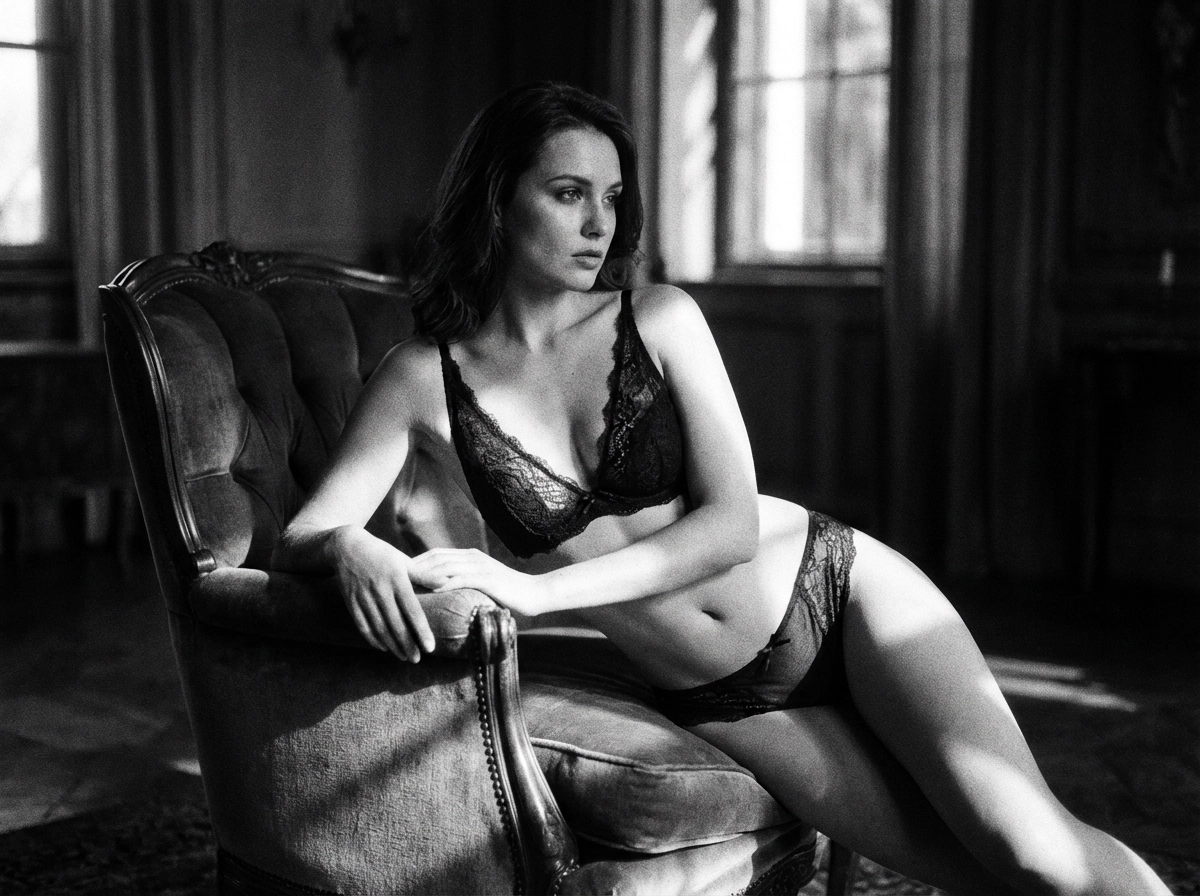 Artistic boudoir portrait in black and white, dramatic shadows and highlights, chiaroscuro lighting, woman leaning against a velvet armchair, wearing elegant lace lingerie, cinematic grain, moody and timeless aesthetic.