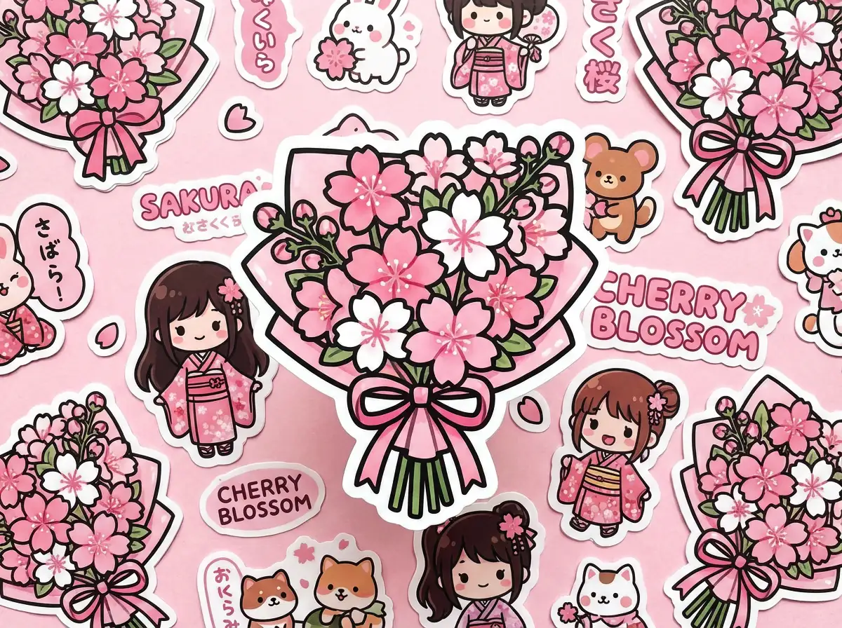 Japanese anime style floral bouquet, "cherry blossom" theme, vibrant colors, thick bold outlines, sticker sheet layout, high resolution.