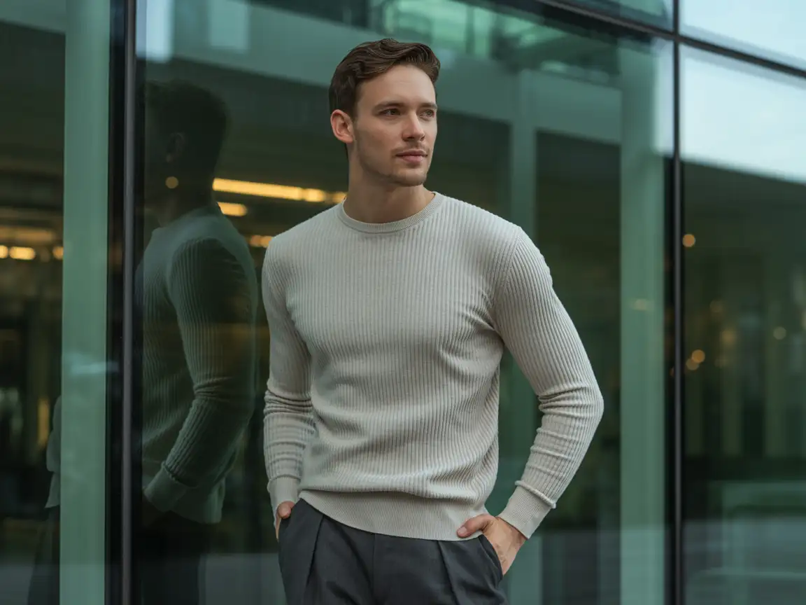 A tall, elegant man in a long-sleeve sweater and tailored trousers, standing by a modern glass building, soft reflections on the face. I hope he is more handsome than Thomas Stanley Holland.