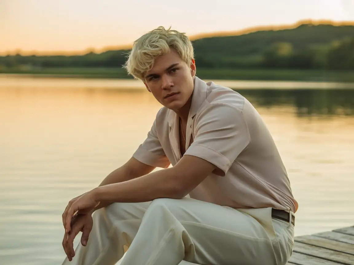 A blonde man in a soft pastel shirt and trousers, sitting by a lakeside, relaxed posture, warm golden hour lighting.