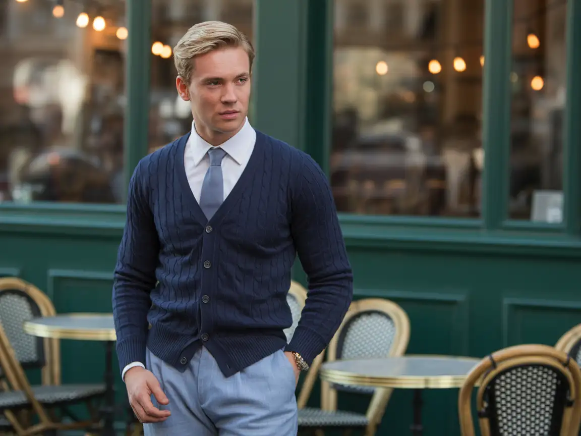 A charming blonde man with neatly styled hair, wearing a fitted cardigan and trousers, standing by a café, cinematic light.