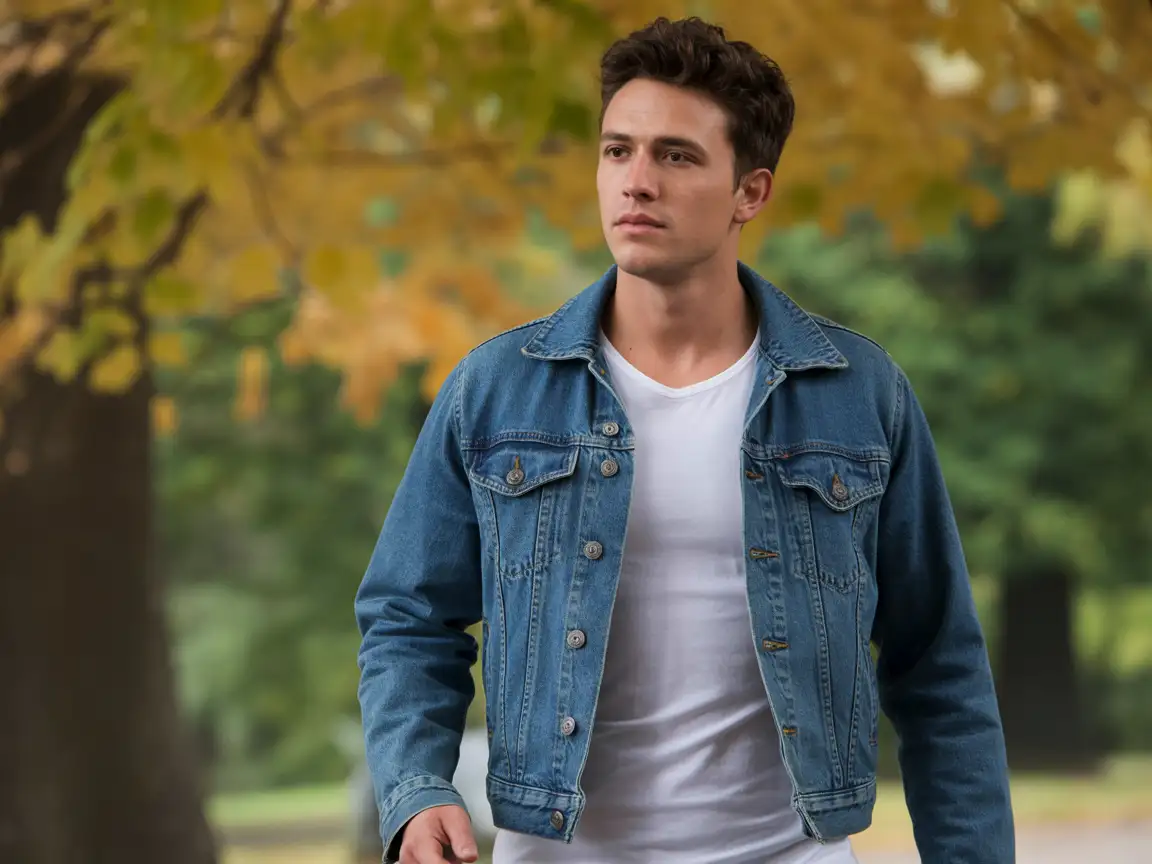 A handsome thin young man wearing a denim jacket and white shirt, walking through autumn leaves, cinematic realism.