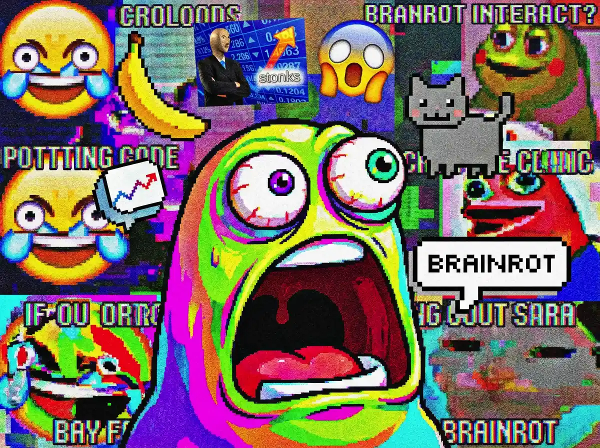An absurd brainrot-style character with distorted proportions, exaggerated facial expression, random objects floating around, low-res aesthetic, chaotic meme art style.