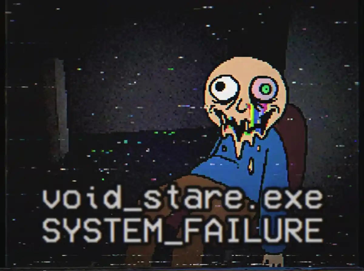 A cursed meme character staring into the void, melting pixels, distorted anatomy, ironic low-quality style, internet brainrot aesthetic.