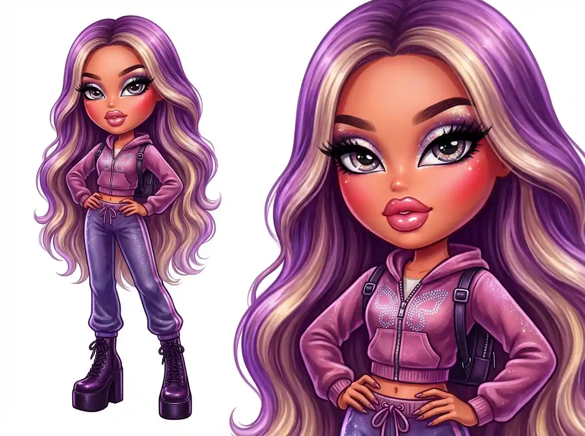 A Bratz-style fashion doll with oversized eyes, glossy lips, dramatic makeup, long wavy hair, Y2K outfit, confident pose, studio lighting, high-detail illustration.