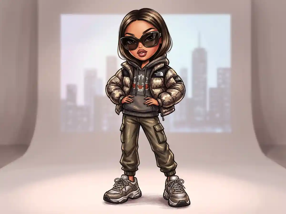 A luxury Bratz-style doll wearing high-fashion streetwear, oversized sunglasses, confident pose, studio background, ultra-detailed illustration.