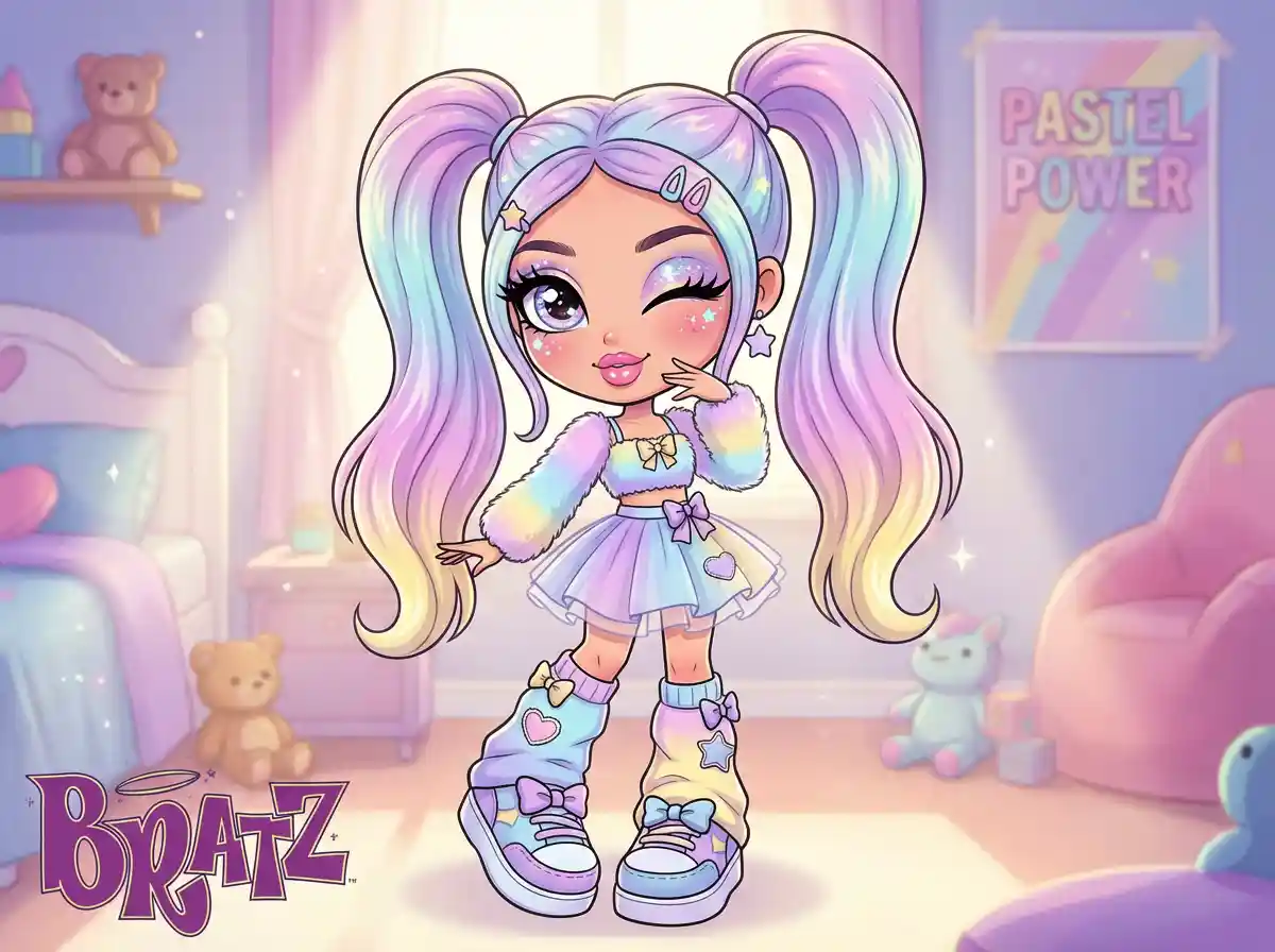 Cute Bratz doll character with pastel outfit, playful expression, big sparkling eyes, soft lighting, modern cartoon style.