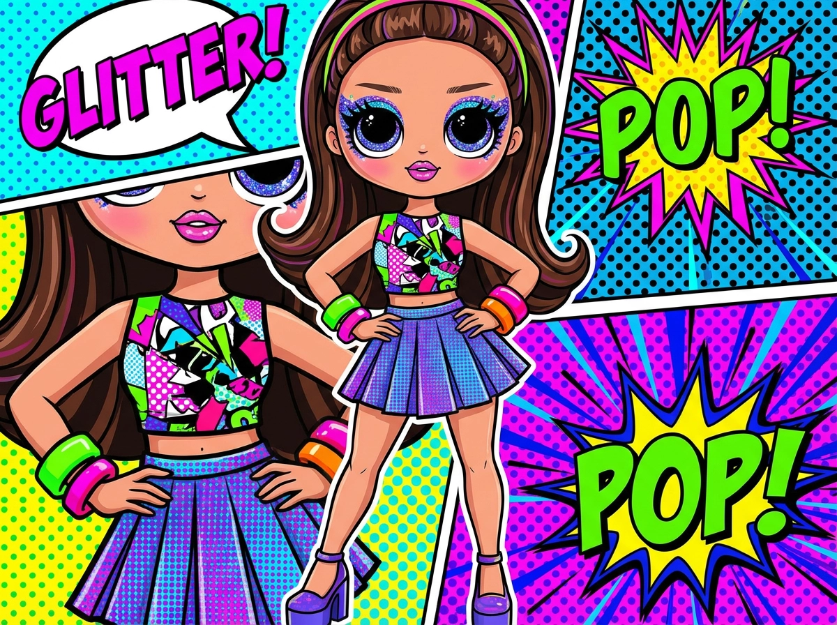 Bratz‑inspired fashion doll, glitter eye makeup, crop top and mini skirt, neon accessories, confident pose, pop art illustration