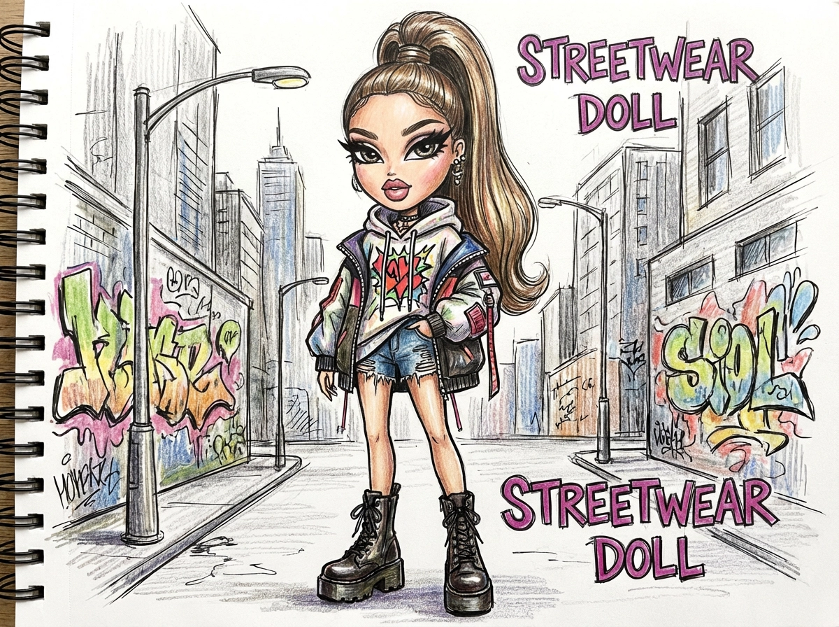 Bratz‑style streetwear girl, oversized hoodie, platform boots, bold eyeliner, urban background, fashion illustration