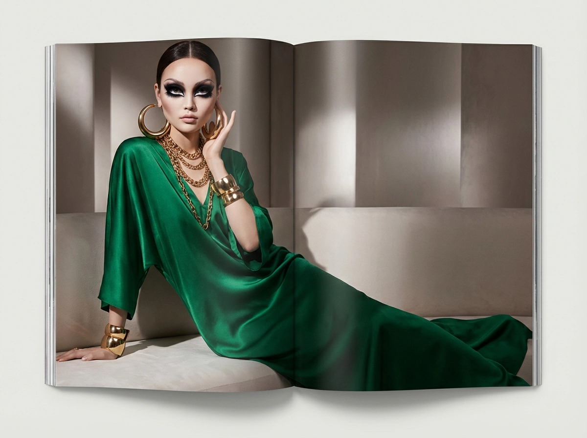 Luxury Bratz doll look, silk dress, gold accessories, dramatic eye makeup, high‑fashion editorial lighting