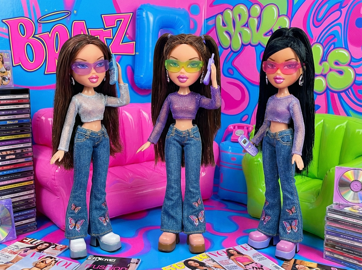 Y2K Bratz aesthetic, low‑rise jeans, glitter top, colorful sunglasses, vibrant pop background