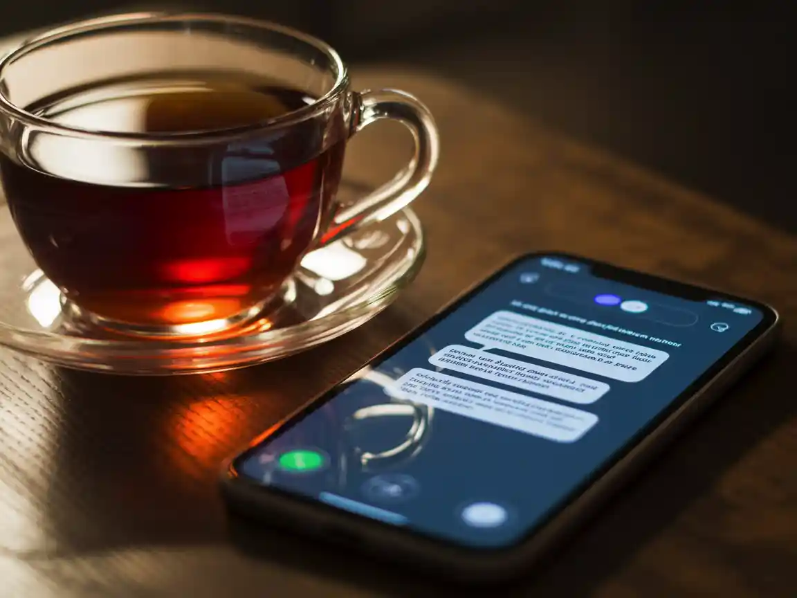 Ein kinoreifer Nahaufnahme eines leuchtenden Smartphone-Bildschirms, der einen emotionalen Trennungstext zeigt, auf einem Couchtisch neben einer warmen Tasse Tee ruhend, mit stimmungsvoller und nachdenklicher Beleuchtung.