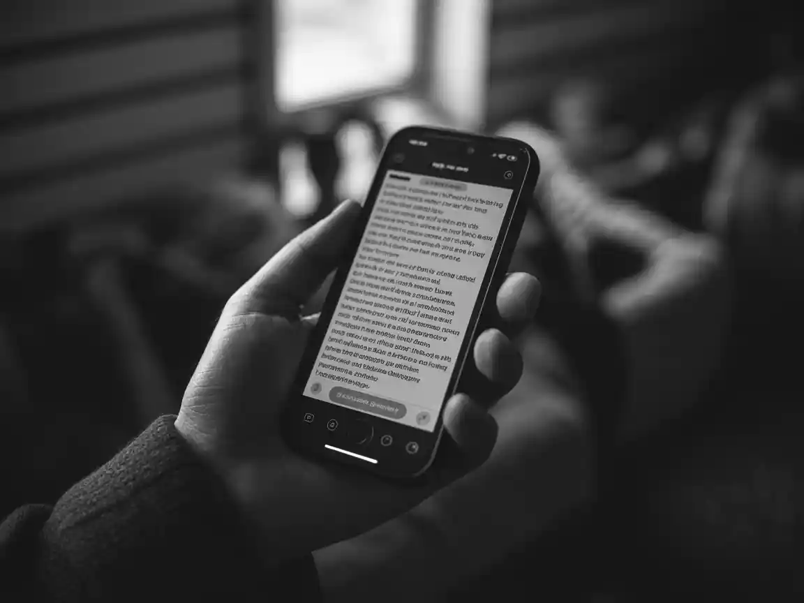 Ein dramatisches Schwarz-Weiß-Foto einer Hand, die ein Telefon hält, mit einem langen Abschiedstext auf dem Bildschirm, kinoreife Beleuchtung und hoher Kontrast.