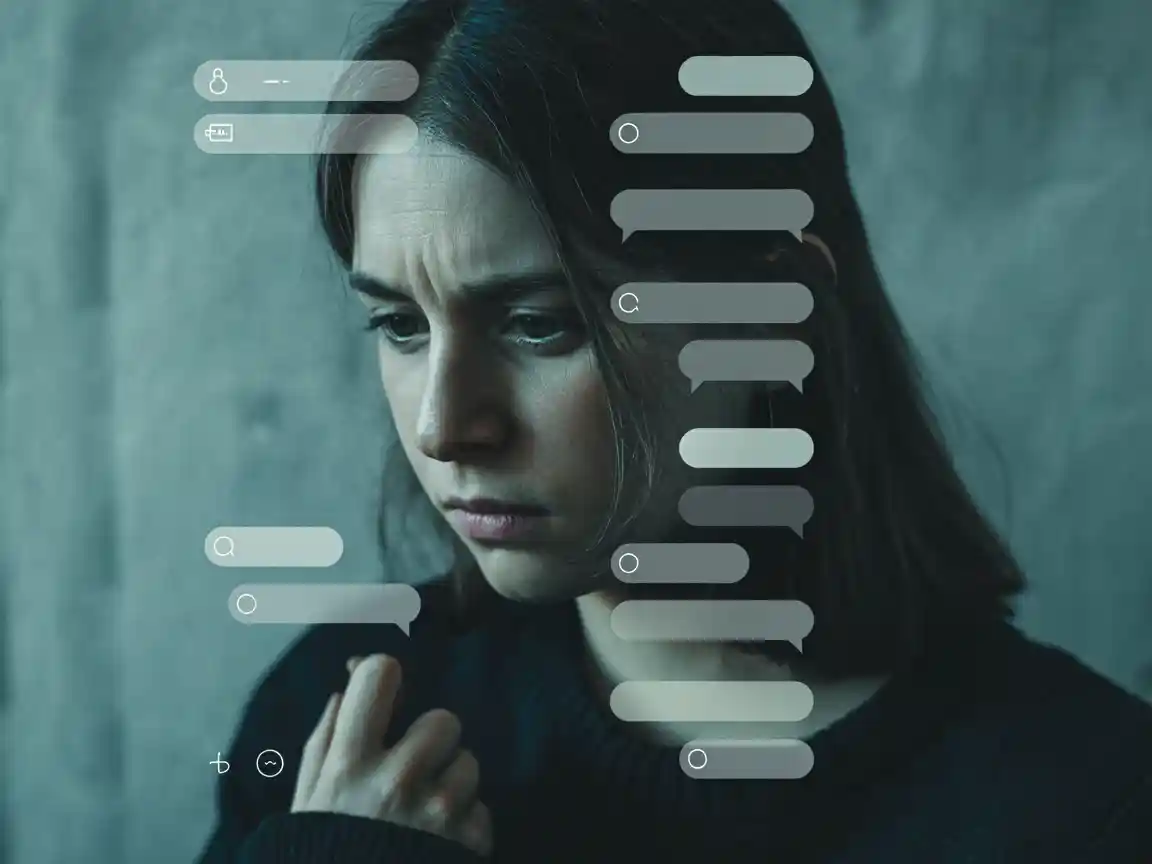 Eine ästhetische digitale Illustration einer leuchtenden holografischen Textnachricht, die in einer Cyberpunk-Stadt schwebt, stimmungsvoll und atmosphärisch.