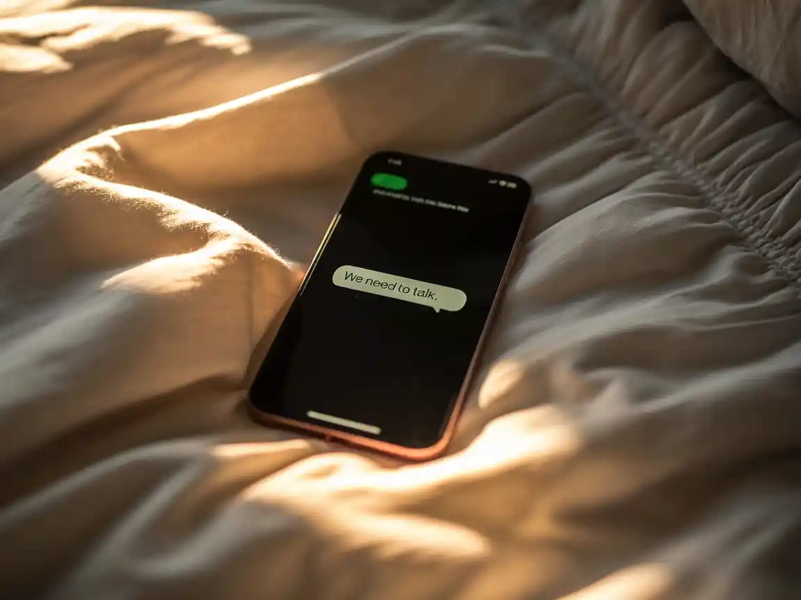 Doppelte Belichtung: Ein Doppelbelichtungs-Porträt einer traurigen Frau, verbunden mit dem digitalen UI einer Messaging-App, gefüllt mit grauen Textblasen, gedämpfte kinoreife Farbpalette.