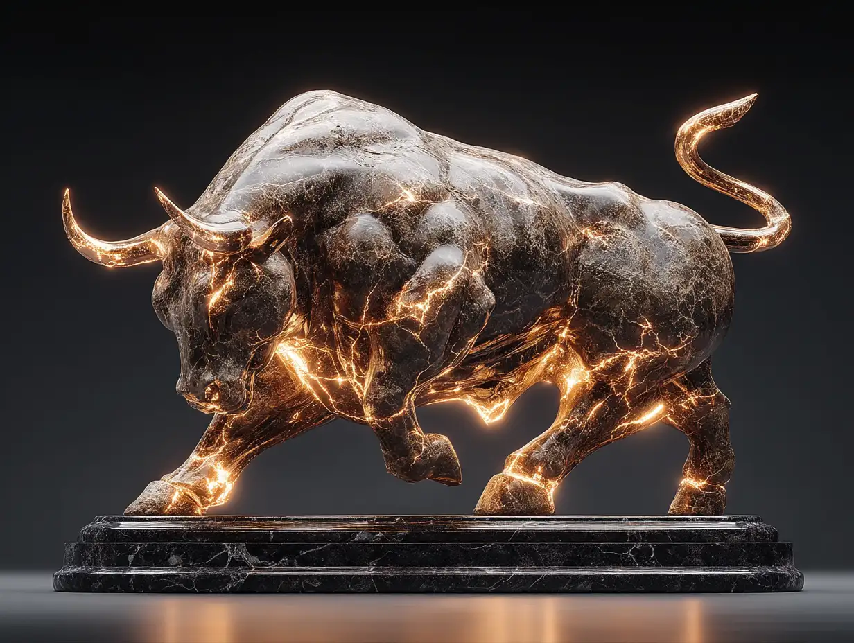 A majestic bull sculpted from molten gold, standing on reflective black marble, glowing with light and confidence, hyper-realistic detail