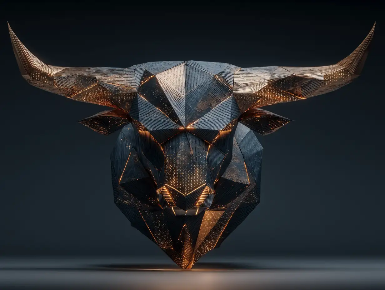 Abstract geometric bull head made of metallic triangles, minimalist design on dark background, luxury poster style