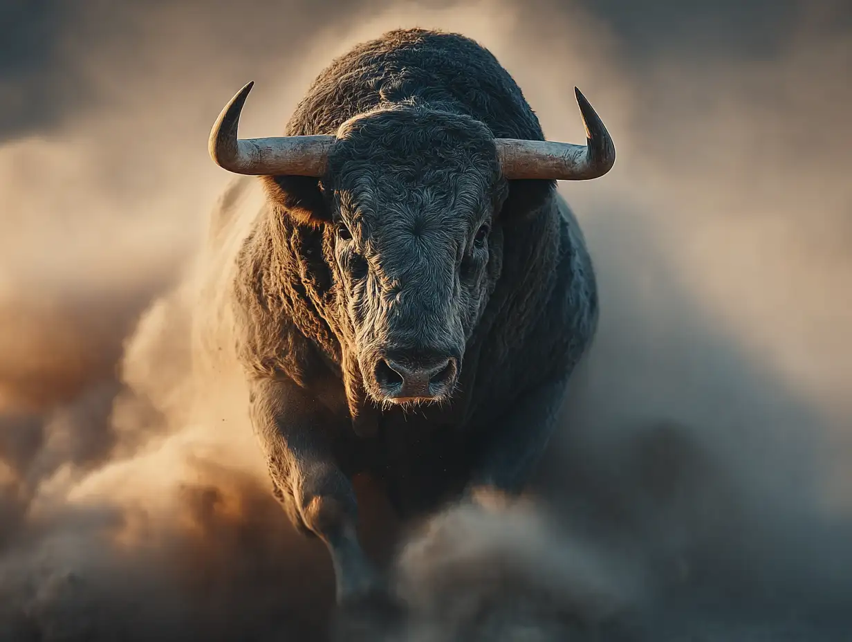 Powerful black bull charging forward through dust and smoke, backlit by warm sunlight, dramatic slow-motion feel