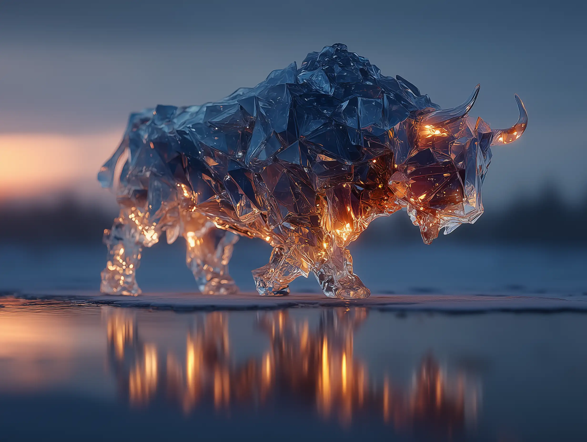 Bull made of transparent ice shards standing on a frozen lake, blue ambient glow, sharp cinematic lighting