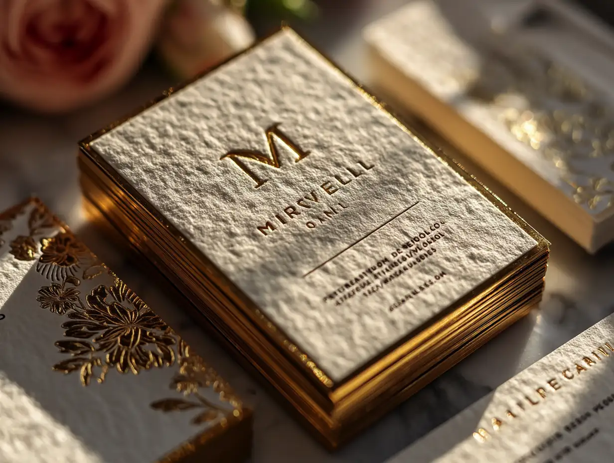 A premium business card mockup on a white marble table, embossed gold logo, soft natural daylight from the left, realistic shadows, high-detail paper texture