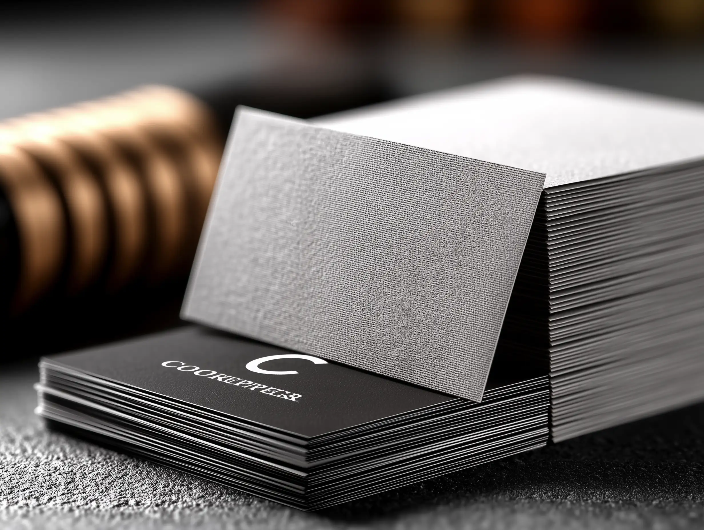 Stack of business cards with one card on top facing upward, crisp edges, balanced shadows, smooth matte finish, modern branding presentation 