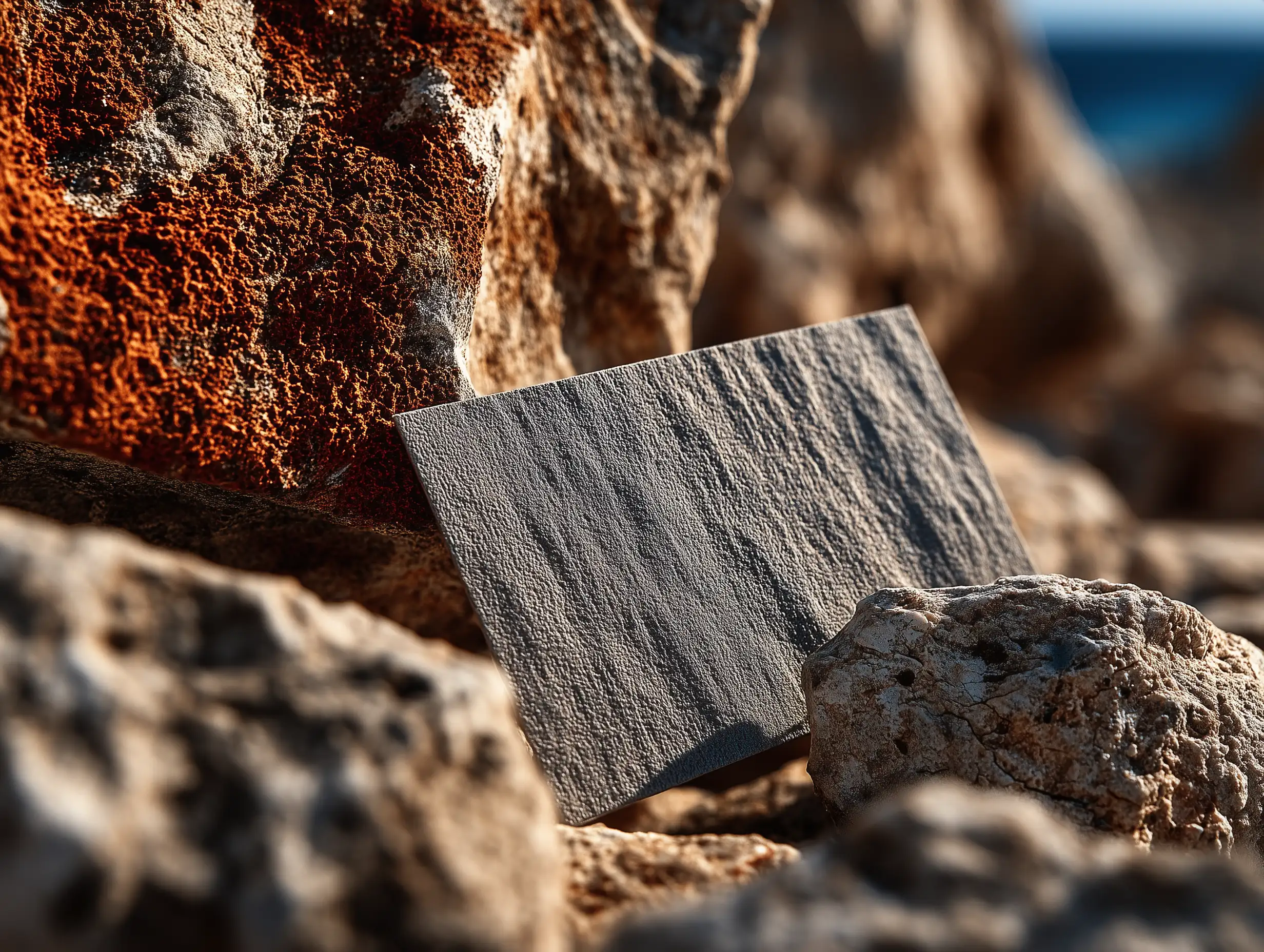 Business card placed on an outdoor stone surface with soft daylight, natural shadows, relaxed lifestyle branding style, photorealistic, high contrast