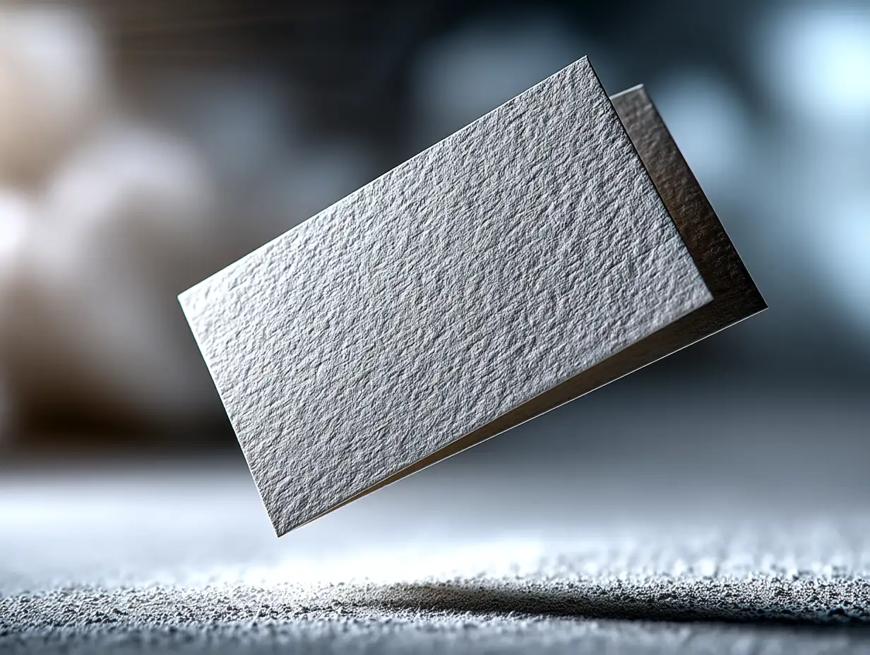 Clean minimalist business card floating in mid-air, soft shadow beneath, matte paper texture, studio soft-light background, modern aesthetic, ultra-sharp detail 