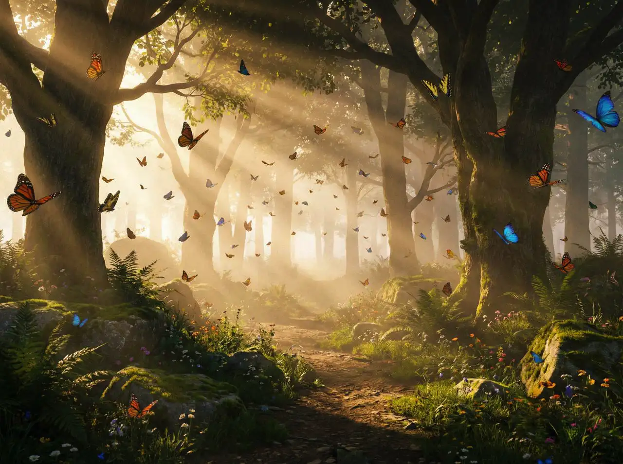 A quiet forest path at sunrise with butterflies floating through gentle morning mist
