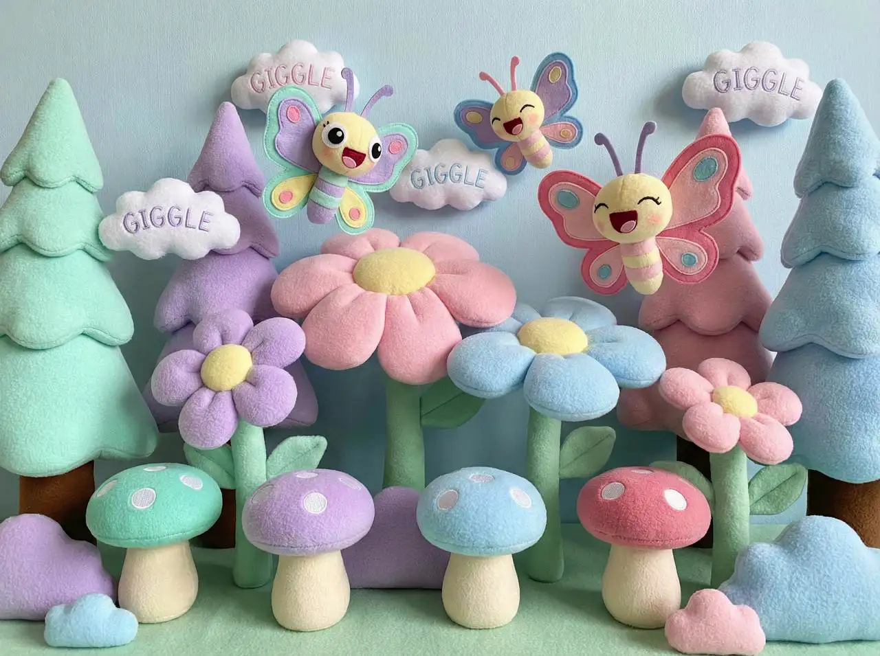 Plush pastel forest with big-eyed cartoon butterflies giggling above flowers
